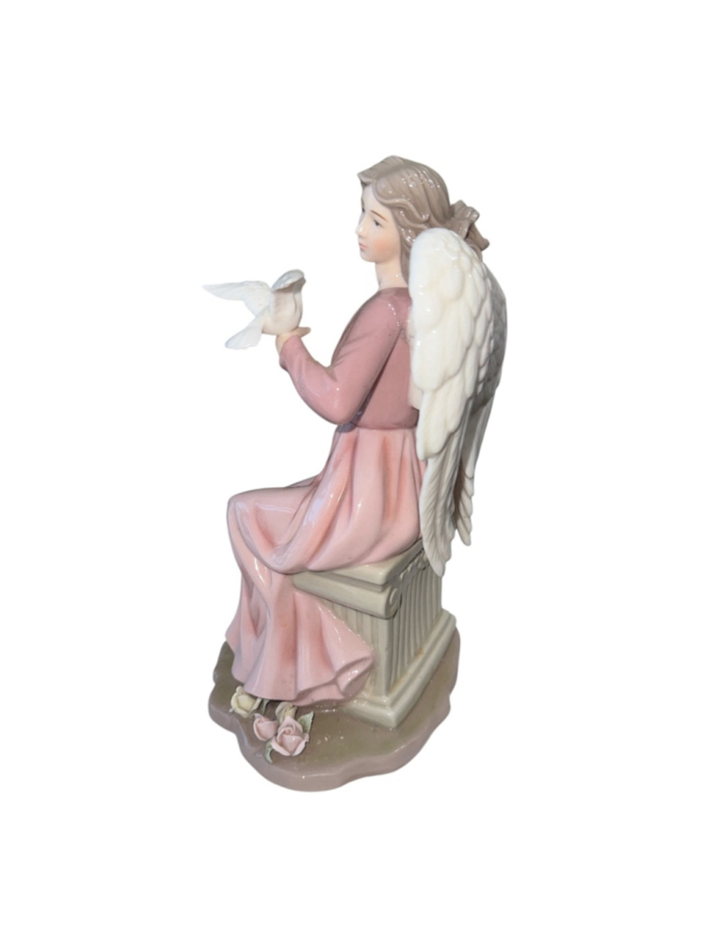 Decorative Porcelain Angel Figurine with Dove, Pink Dress, White Wings, 10.5"H x - Picture 3 of 3